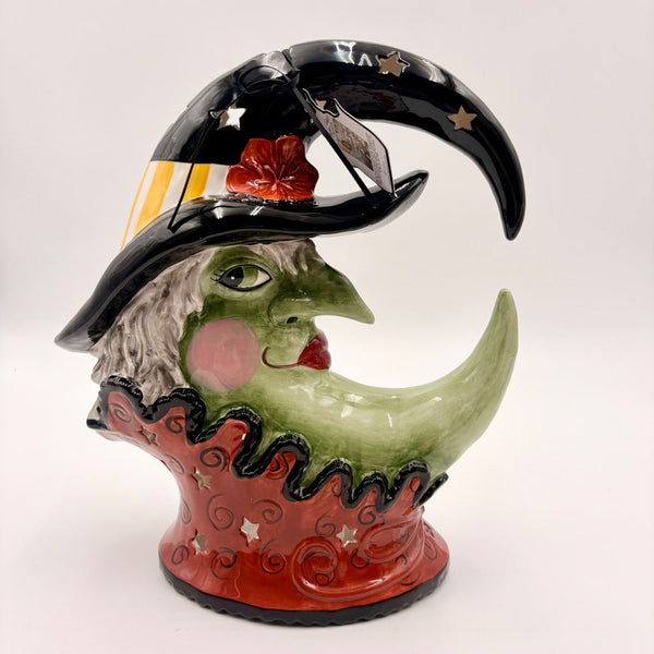 Blue Sky Halloween crescent moon witch ceramic tea light holder, front view