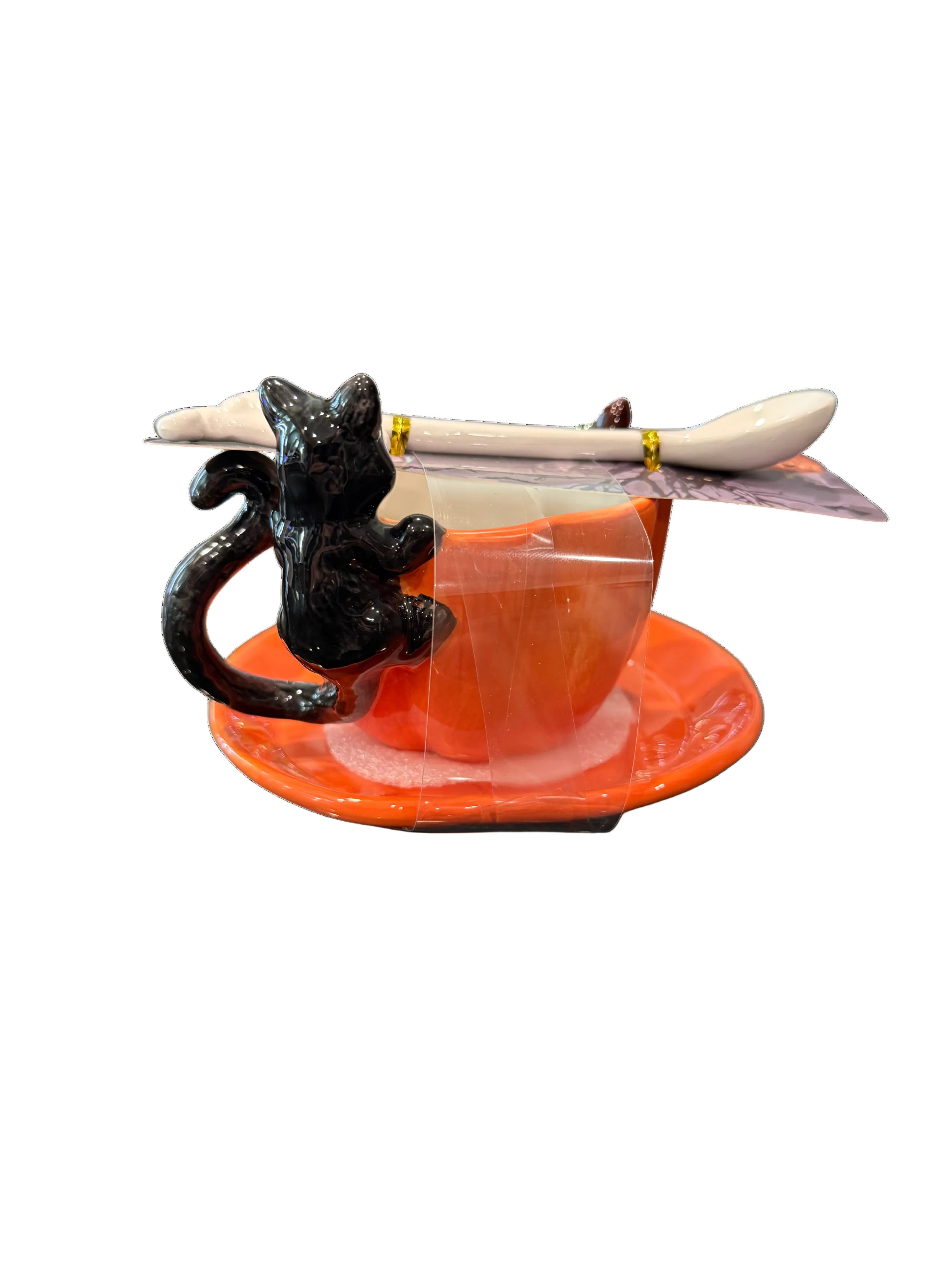 CornerRuby Happy Halloween Ceramic Jack-o'-Lantern Teacup, Saucer & Black Cat Spoon Set