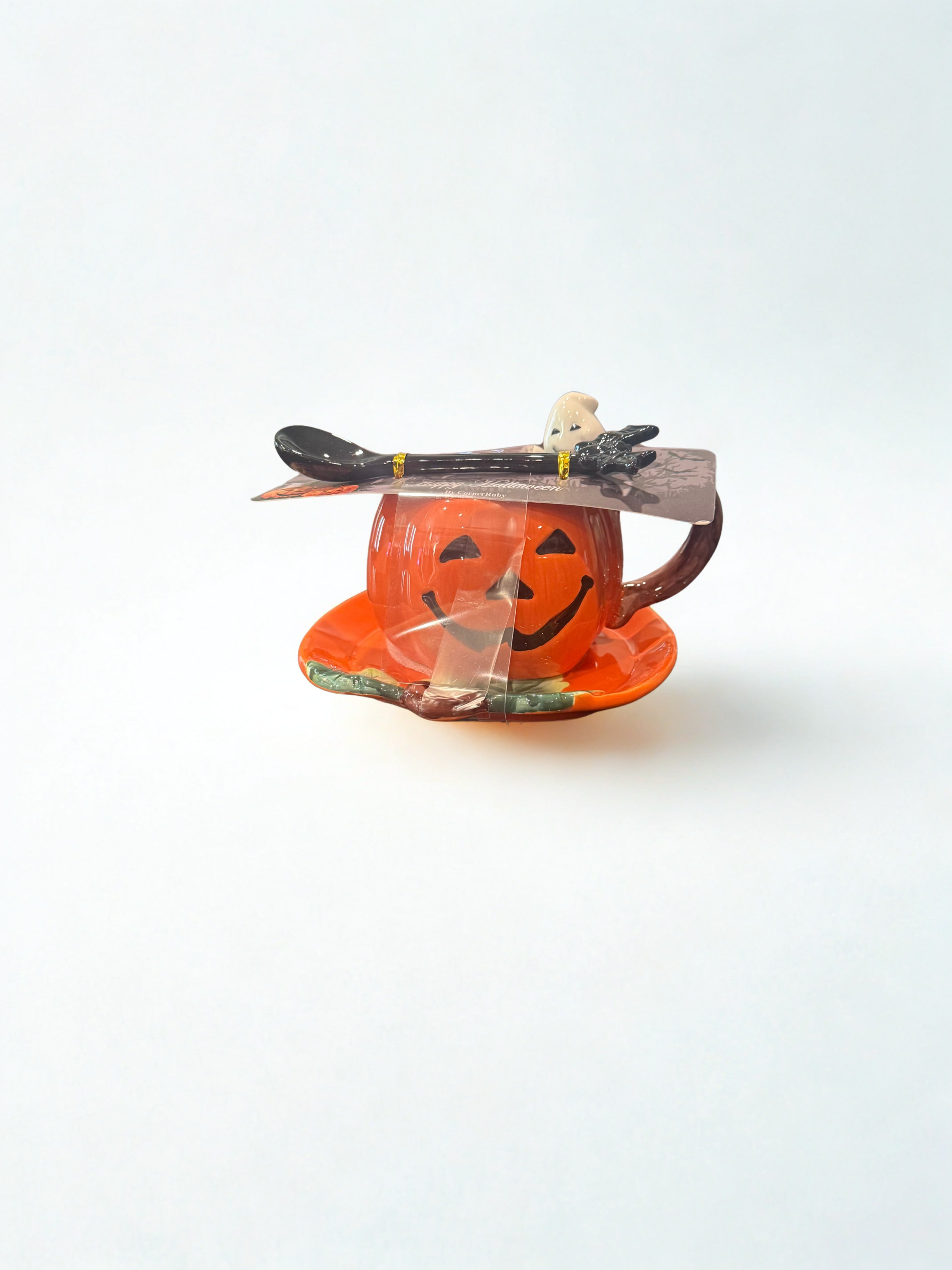 CornerRuby Happy Halloween Ceramic Pumpkin Teacup, Saucer & Spoon Set