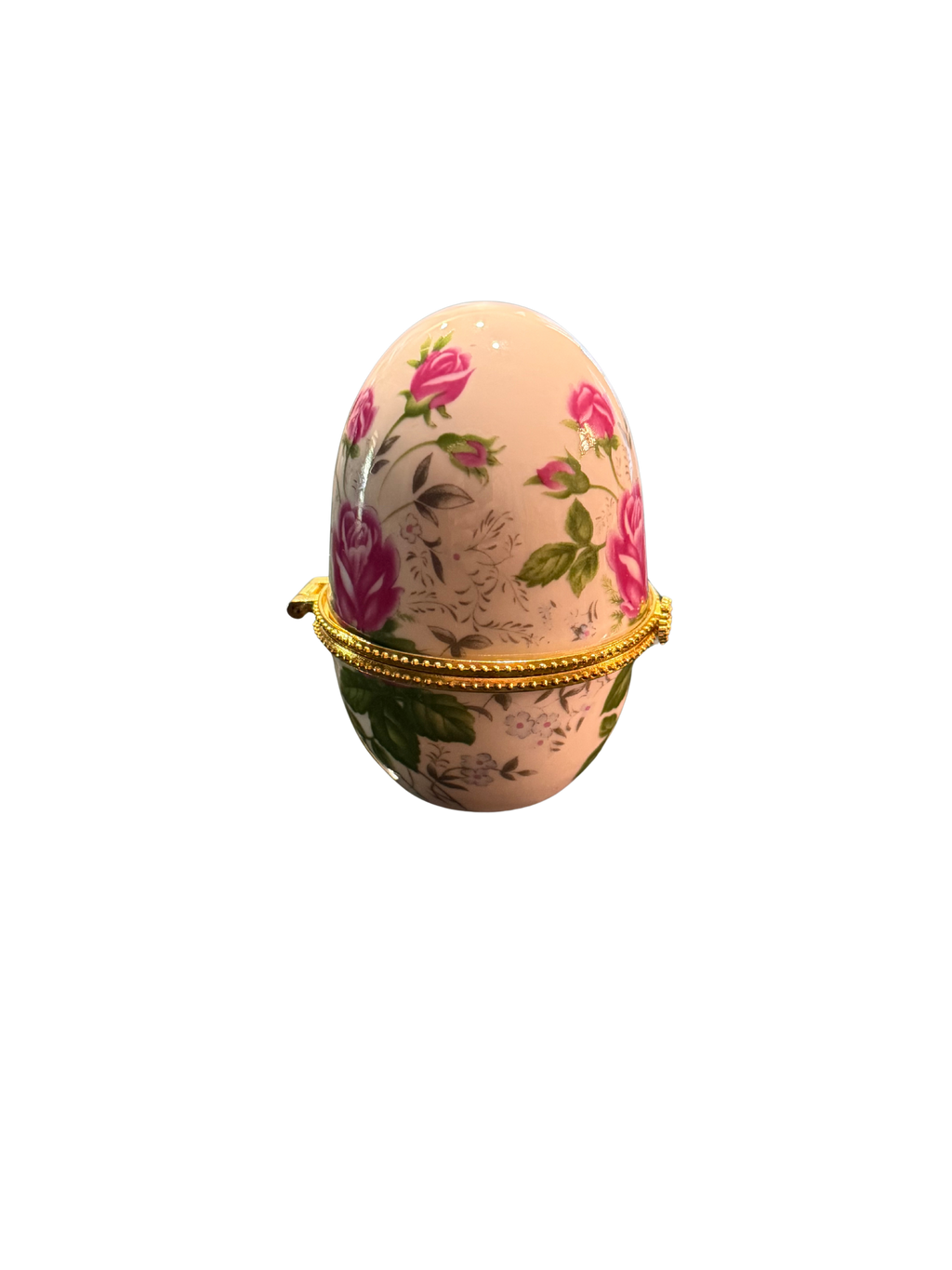 Vintage Rose Chintz Porcelain Egg Trinket Box | Romantic Floral Collectible