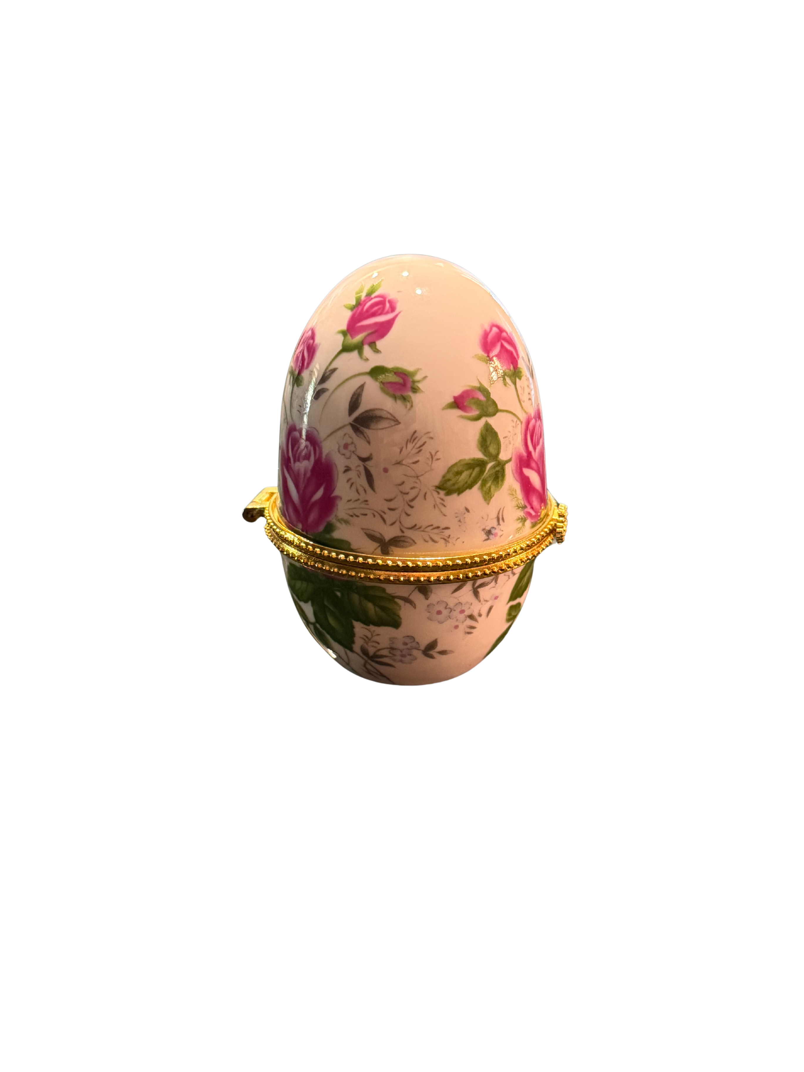 Vintage Rose Chintz Porcelain Egg Trinket Box | Romantic Floral Collectible