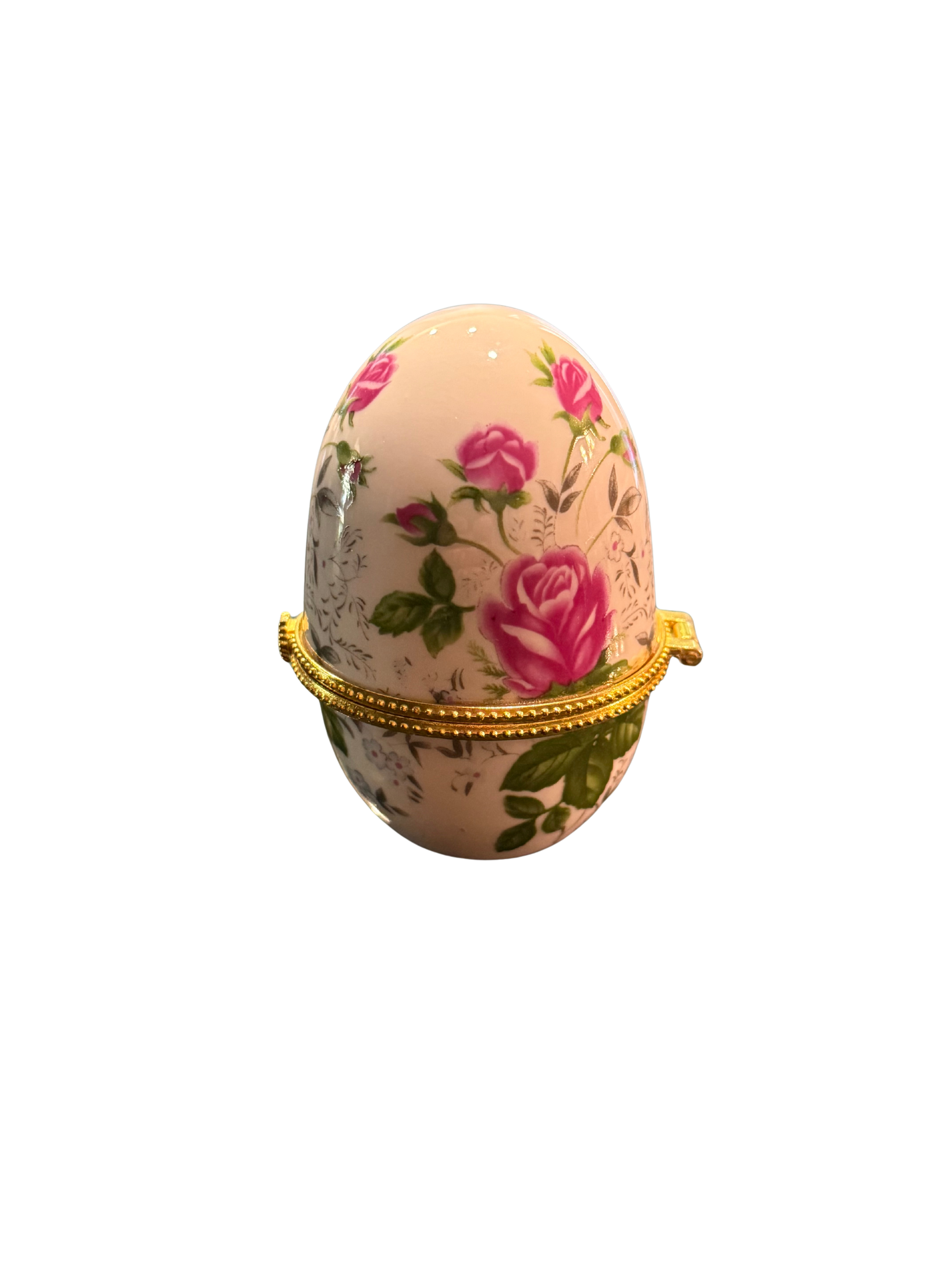Vintage Rose Chintz Porcelain Egg Trinket Box | Romantic Floral Collectible