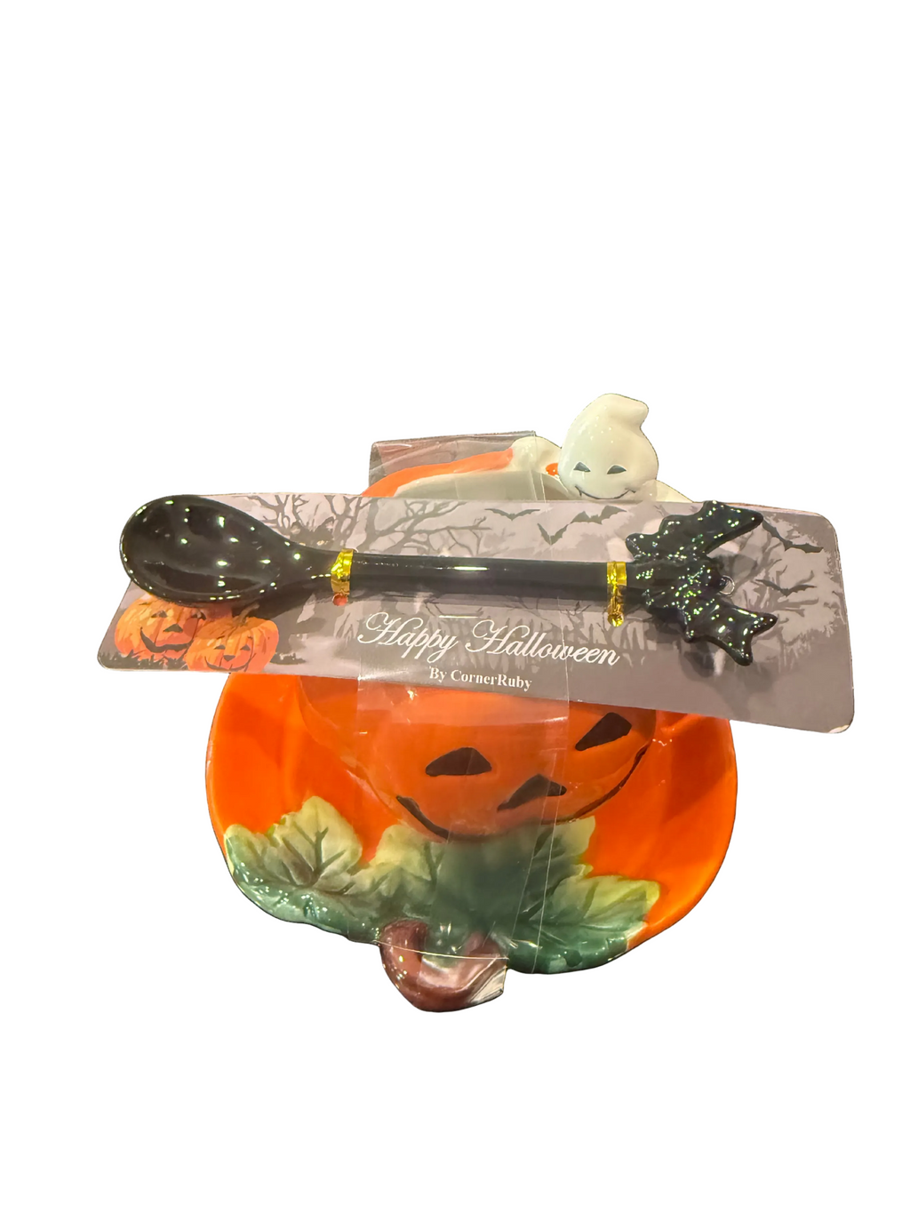 CornerRuby Happy Halloween Ceramic Pumpkin Teacup, Saucer & Spoon Set