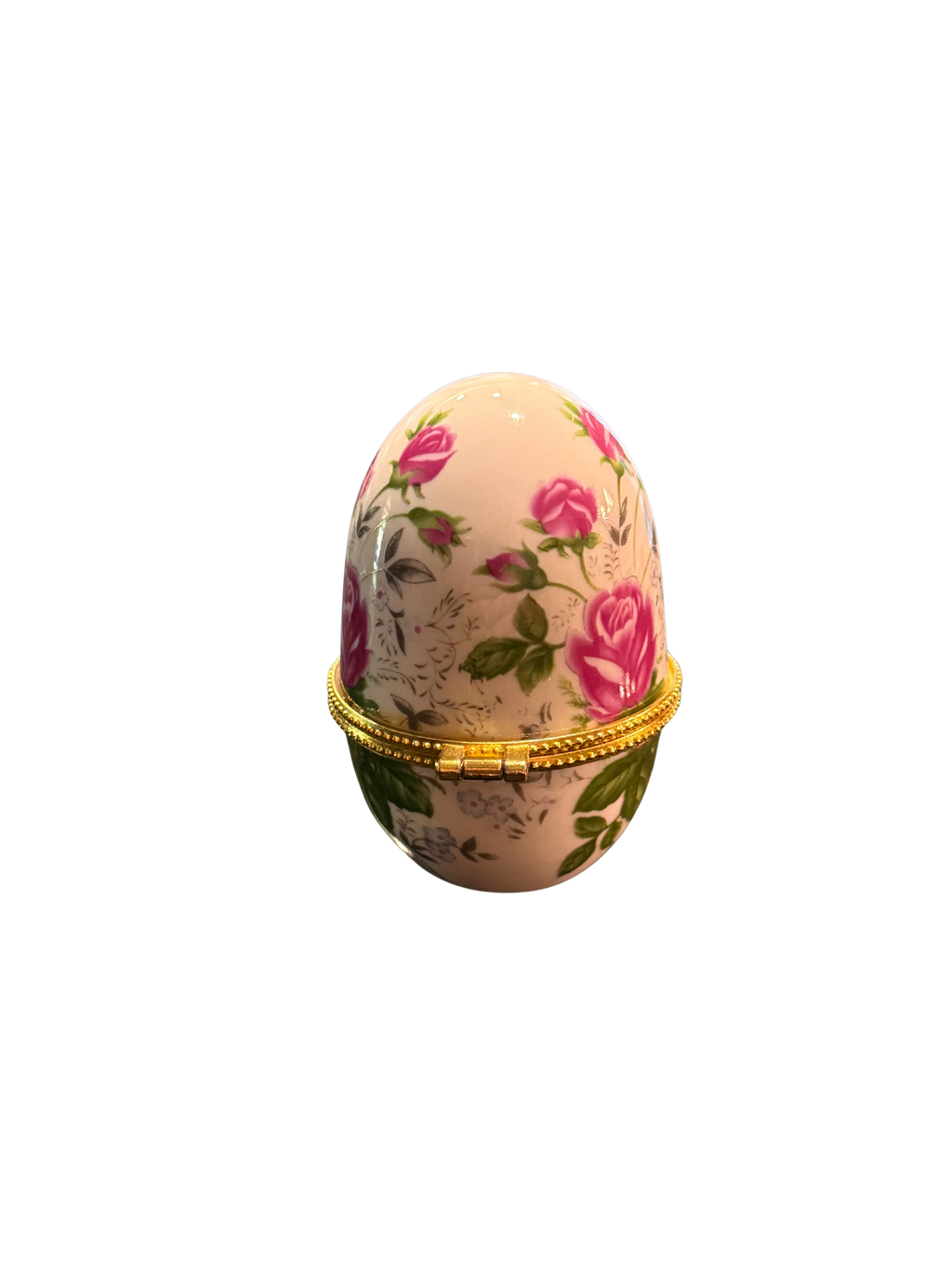 Vintage Rose Chintz Porcelain Egg Trinket Box | Romantic Floral Collectible