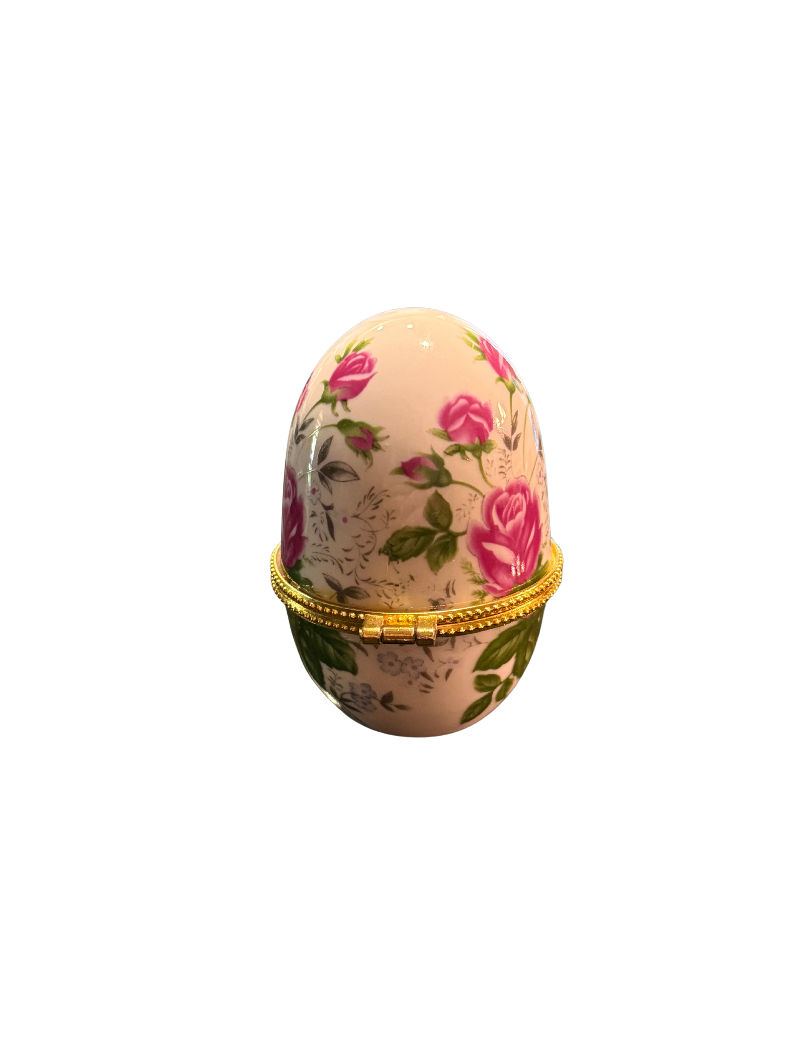 Vintage Rose Chintz Porcelain Egg Trinket Box | Romantic Floral Collectible