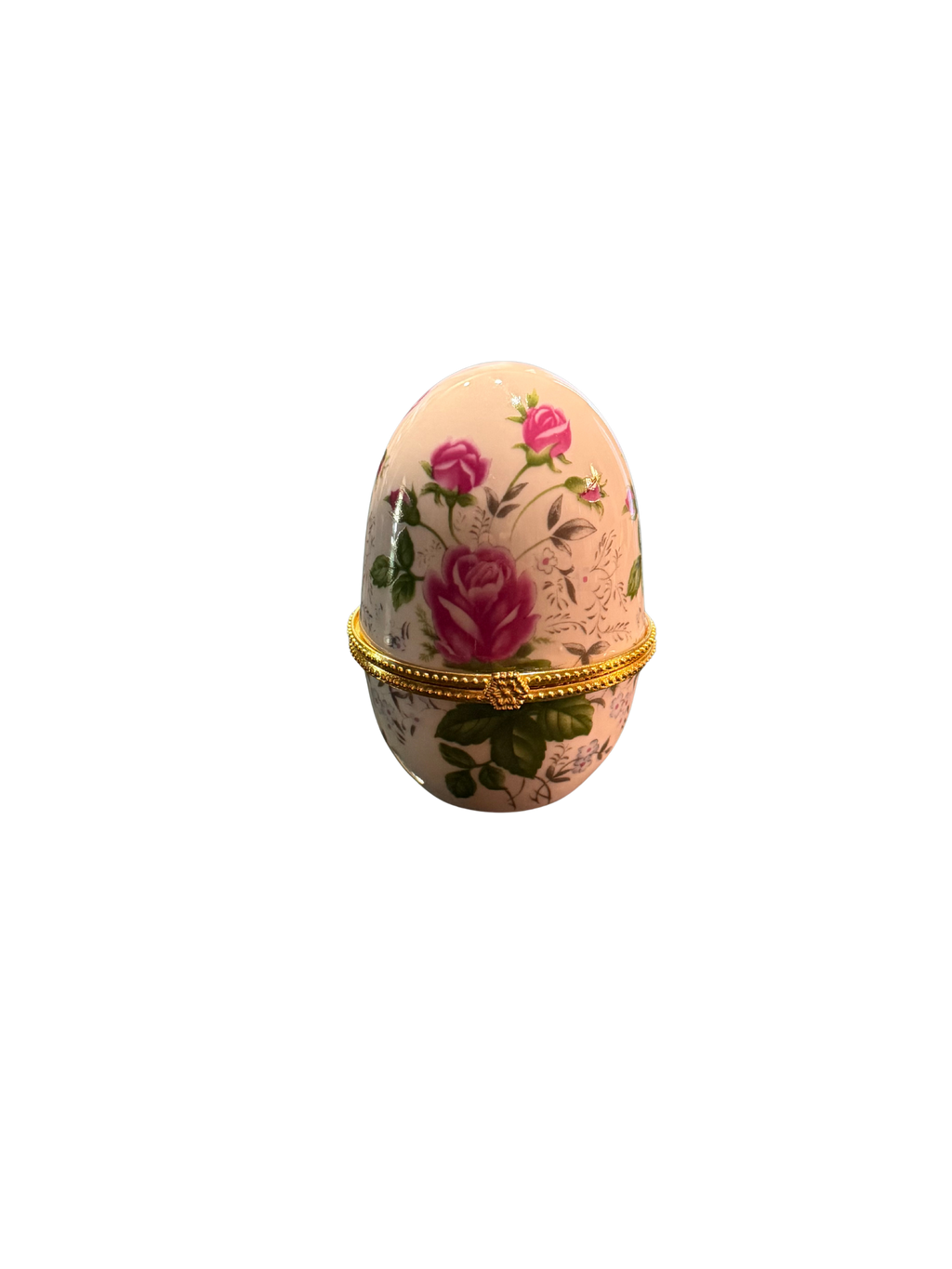 Vintage Rose Chintz Porcelain Egg Trinket Box | Romantic Floral Collectible
