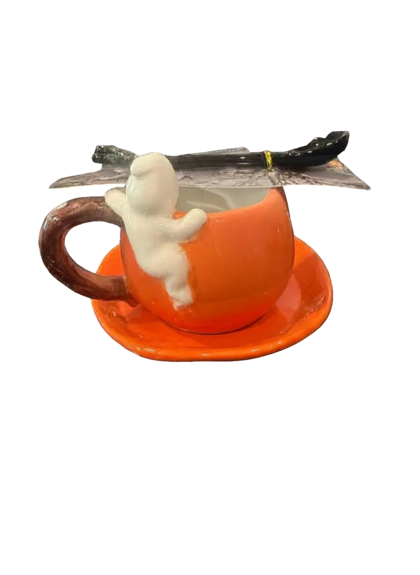 CornerRuby Happy Halloween Ceramic Pumpkin Teacup, Saucer & Spoon Set