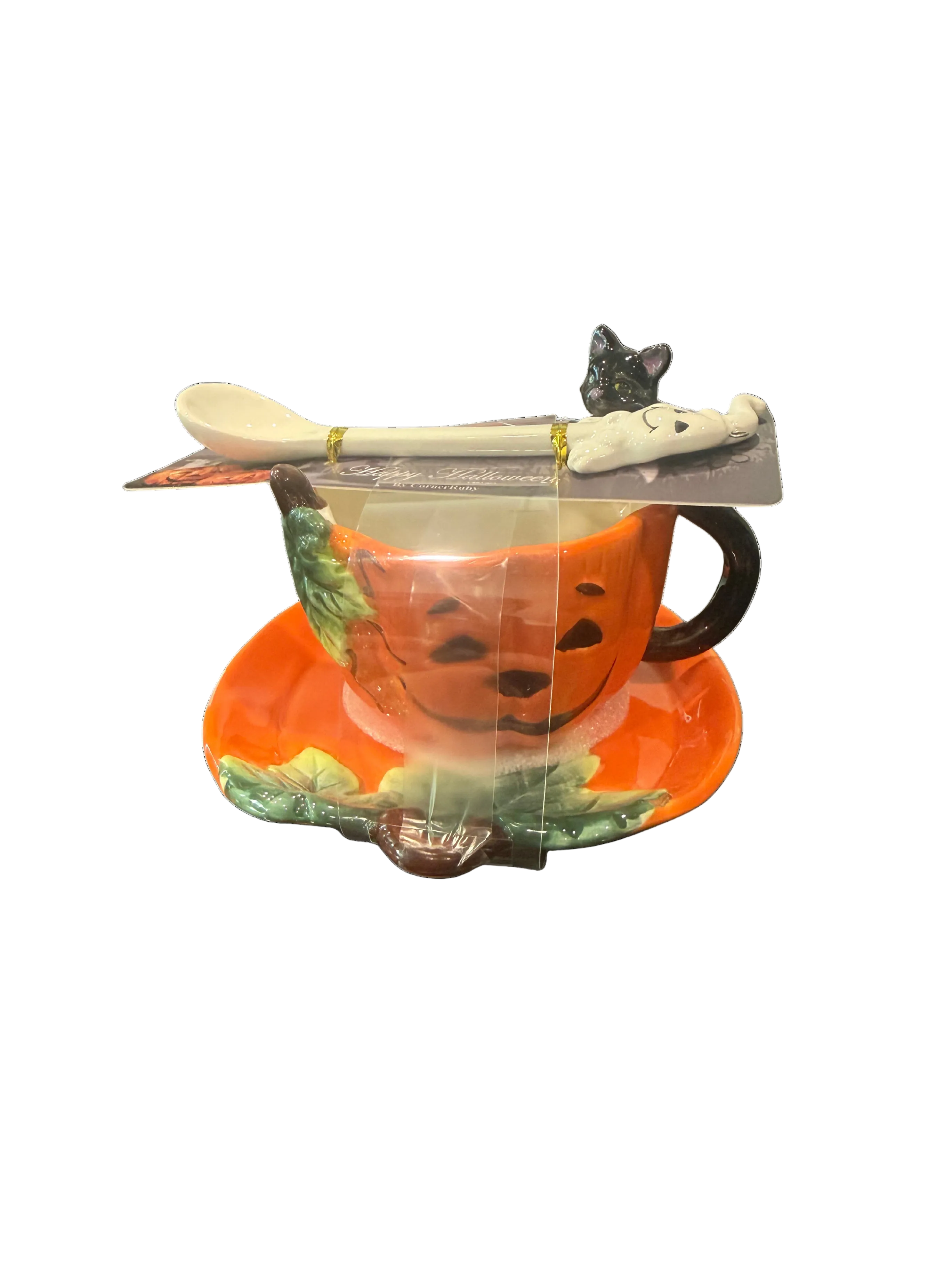 CornerRuby Happy Halloween Ceramic Jack-o'-Lantern Teacup, Saucer & Black Cat Spoon Set