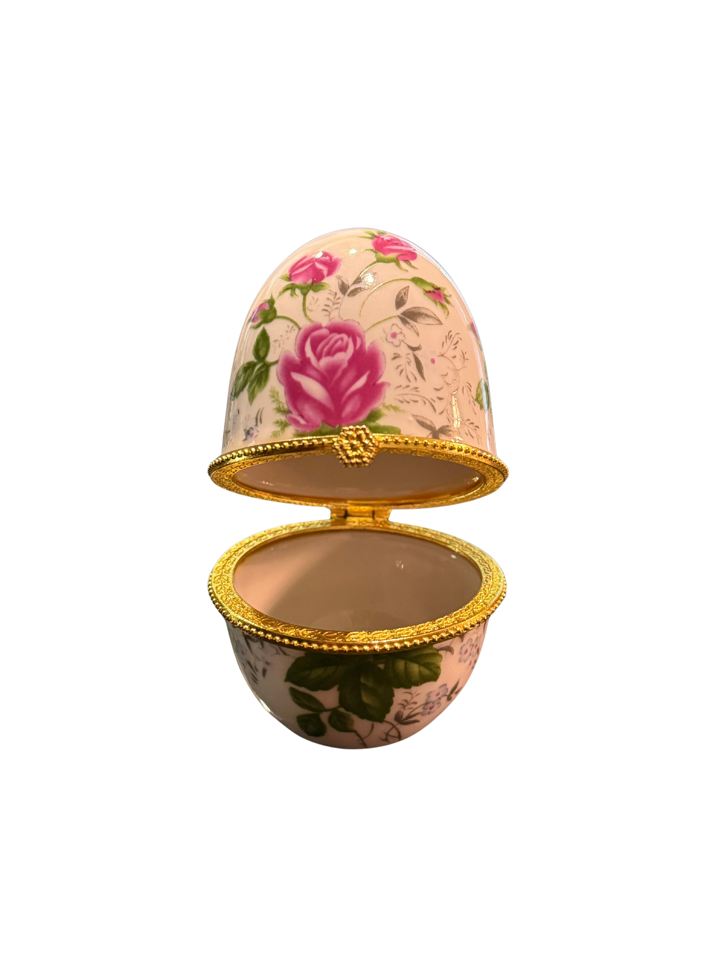 Vintage Rose Chintz Porcelain Egg Trinket Box | Romantic Floral Collectible