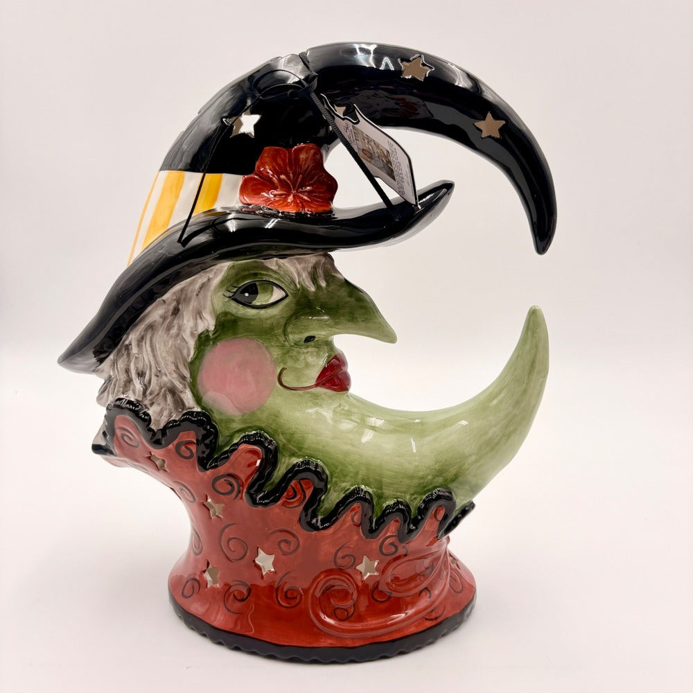 Blue Sky Halloween crescent moon witch ceramic tea light holder, front view