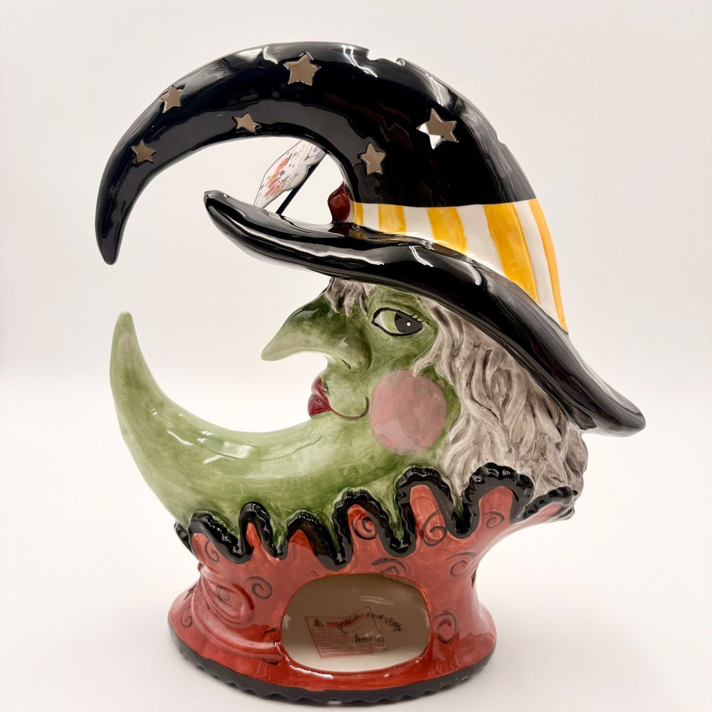 Blue Sky Halloween Crescent Moon Witch Ceramic Tea Light Holder