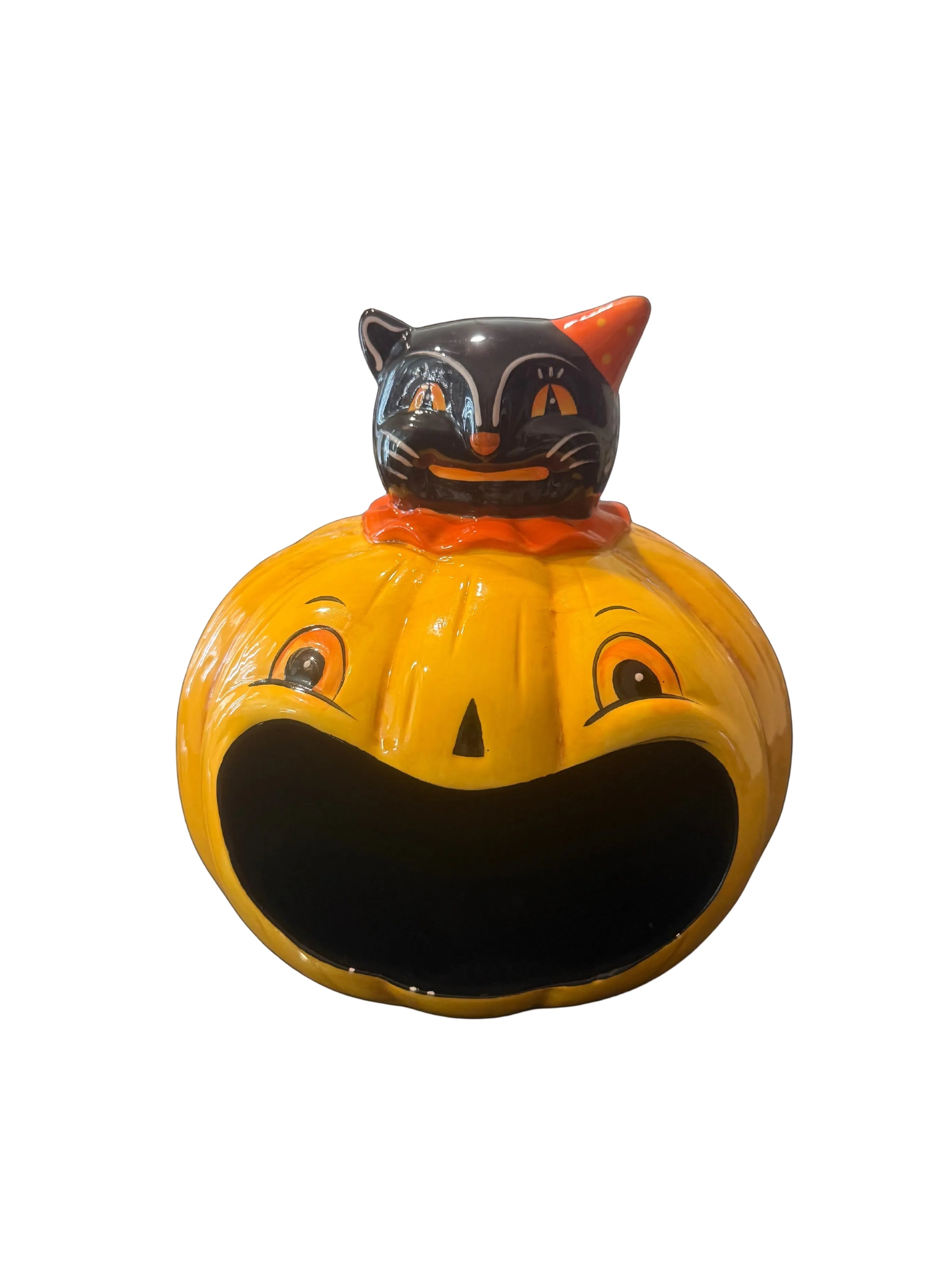 Johanna Parker Halloween Ceramic Black Cat Pumpkin Candy Bowl – Orange Black Retro